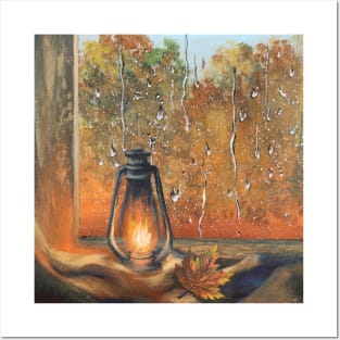 Aesthetic Orange Autumn Foliage Fall Leaves Trees Lantern Rainy Window Rain Posters and Art